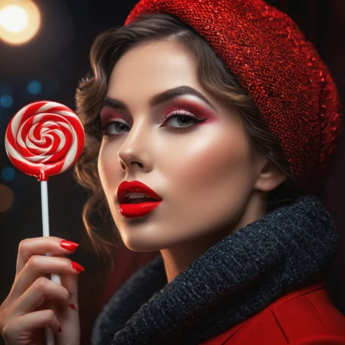 women's cosmetics,lollipop,woman with ice-cream,lollipops,vintage makeup,candy apple,cosmetics,iced-lolly,red lips,red lipstick,mystic light food photography,candy cane,red popsicle,cigarette girl,red coat,cosmetic products,confection,makeup artist,lipstick,valentine day's pin up,Photography,General,Fantasy