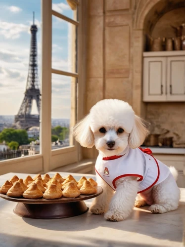 bichon frisé,pastry chef,french food,maltepoo,pâtisserie,pastries,choux,cream puffs,choux pastry,french culture,bakery,potcake dog,shih-poo,cavapoo,shih poo,cute puppy,french confectionery,petit gâteau,french macaroons,french spaniel,Photography,General,Commercial