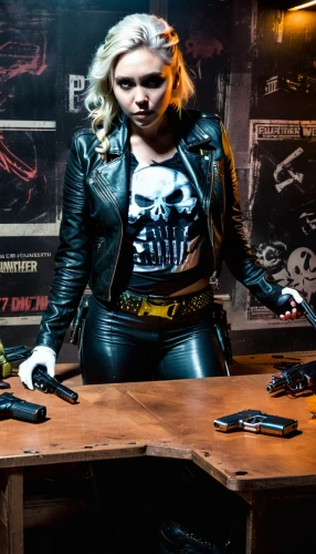 girl with gun,barb wire,girl with a gun,harley,gunsmith,woman holding gun,punk,femme fatale,leather jacket,harley-davidson,hard woman,harley davidson,bad girl,tattoo girl,cyberpunk,leather,black leather,birds of prey-night,music instruments on table,punk design,Illustration,Realistic Fantasy,Realistic Fantasy 46