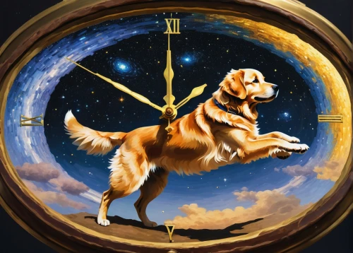 dogecoin,clockmaker,astronomical clock,new year clock,clock face,life stage icon,zodiacal sign,golden retriever,retriever,golden retriver,time pointing,astrological sign,disc dog,zodiac sign,world clock,clock,time traveler,dog illustration,time announcement,time display,Art,Classical Oil Painting,Classical Oil Painting 41