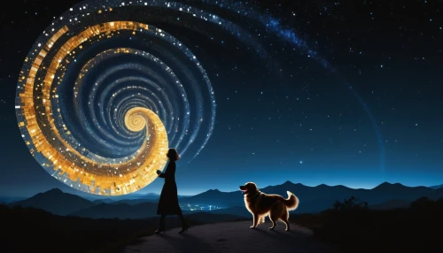 spiral background,time spiral,kelpie,constellation wolf,dogecoin,wormhole,saturnrings,spiral,spiral galaxy,bar spiral galaxy,spiral nebula,whirl,moon and star background,starscape,star trail,zodiacal sign,spiral pattern,nine-tailed,astral traveler,star illustration,Conceptual Art,Sci-Fi,Sci-Fi 15