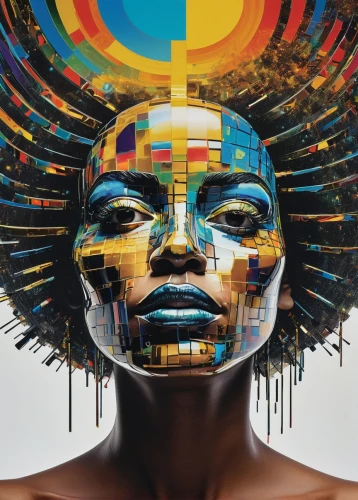 multicolor faces,meridians,african art,psychedelic art,chromatic,head woman,prismatic,hemisphere,adobe illustrator,facets,transcendence,artmatic,amplified,human head,digiart,fractalius,meticulous painting,benin,equilibrium,frequency,Art,Artistic Painting,Artistic Painting 51