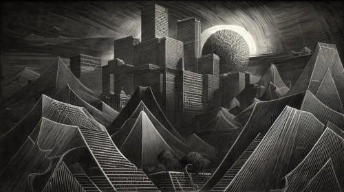 metropolis,sci fiction illustration,futuristic landscape,escher,art deco background,shard of glass,fractal environment,black city,hall of the fallen,art deco,ancient city,cityscape,panoramical,biomechanical,skyscrapers,mandelbulb,dark world,destroyed city,futuristic architecture,fantasy city,Art sketch,Art sketch,Retro