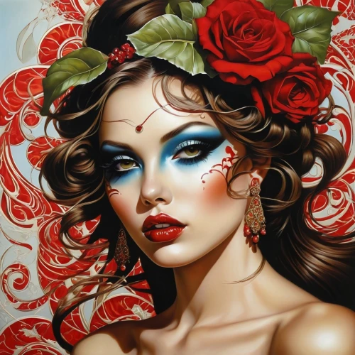 red rose,red roses,fantasy art,flower of passion,art painting,geisha girl,oil painting on canvas,red petals,queen of hearts,body painting,with roses,bodypainting,wild roses,widow flower,red magnolia,way of the roses,meticulous painting,oil painting,boho art,fantasy portrait,Illustration,Realistic Fantasy,Realistic Fantasy 10