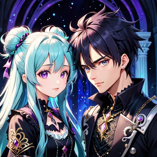 prince and princess,valentine banner,gothic portrait,beautiful couple,edit icon,cg artwork,easter banner,halloween banner,reizei,valentine background,angel and devil,valentines day background,portrait background,birthday banner background,christmas banner,celestial event,starry sky,young couple,couple boy and girl owl,hatsune miku,Anime,Anime,Traditional