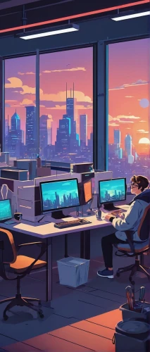 modern office,offices,computer room,working space,blur office background,neon human resources,cyberpunk,futuristic landscape,computer workstation,company headquarters,night administrator,computer desk,desk,evening city,creative office,office desk,office automation,corporate headquarters,workspace,remote work,Illustration,Japanese style,Japanese Style 06