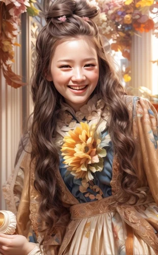 hanbok,girl in a wreath,asian costume,a girl's smile,fairy tale character,bjork,autumn background,girl in flowers,autumn theme,cheery-blossom,autumn icon,beautiful girl with flowers,little girl in wind,female doll,flower fairy,rose png,autumn flower,joy,princess sofia,shuanghuan noble