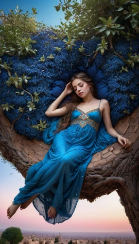 girl with tree,fantasy picture,blue enchantress,blue moon rose,photo manipulation,faerie,faery,photoshop manipulation,fantasy art,blue rose,the girl next to the tree,image manipulation,photomanipulation,digital compositing,the sleeping rose,mother earth,celtic woman,girl lying on the grass,fantasy portrait,azure,Conceptual Art,Fantasy,Fantasy 11