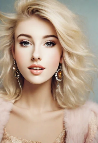 vintage makeup,beautiful young woman,romantic look,doll's facial features,barbie doll,blonde woman,pink beauty,model beauty,pretty young woman,beautiful model,retouching,blond girl,beautiful woman,jeweled,blonde girl,earrings,short blond hair,cool blonde,fur coat,women's cosmetics
