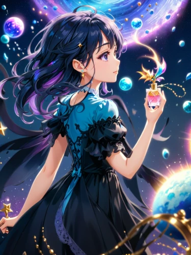 starry sky,fairy galaxy,starry,celestial event,fantasia,constellation lyre,starlight,prism ball,celestial,constellation,luna,magical,moon and star background,night sky,universe,star illustration,violinist violinist of the moon,queen of the night,nightsky,cosmos wind,Anime,Anime,Traditional