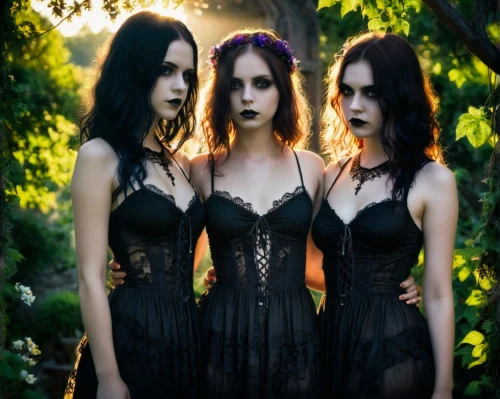 gothic fashion,gothic dress,gothic portrait,goth festival,gothic style,gothic,dark gothic mood,nightshade family,goth weekend,vamps,sirens,vampires,witch house,black dresses,gothic woman,trio,the three graces,goth subculture,goth,porcelain dolls,Illustration,Realistic Fantasy,Realistic Fantasy 46
