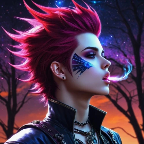 fantasy portrait,punk,mohawk,punk design,trickster,tracer,streampunk,syndrome,fantasy picture,mohawk hairstyle,twilight,rocker,edit icon,fantasy art,meteoroid,dusk background,vanitas,male character,fantasy woman,cg artwork,Conceptual Art,Sci-Fi,Sci-Fi 12