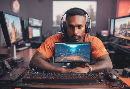 man with a computer,computer game,computer addiction,pc,ascension,black professional,computer freak,lan,t1,computer games,ryzen,slave to the internet,gamer zone,gamer,game addiction,edit,blur office background,dj,b3d,dual screen,Photography,Realistic