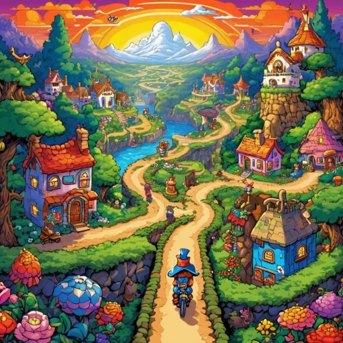 fairy village,aurora village,fairy world,rainbow world map,children's background,mountain village,alpine village,cartoon video game background,the mystical path,mountain world,knight village,magical adventure,bird kingdom,fantasy world,dream world,mushroom landscape,mountain valley,hiking path,fantasy landscape,valley,Unique,Pixel,Pixel 05