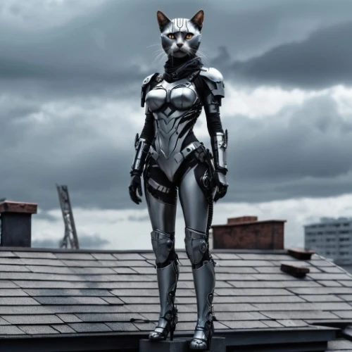 grey fox,south american gray fox,cat warrior,catwoman,rocket raccoon,gray cat,steel man,silver,suit actor,metropolis,rex cat,armored animal,gray kitty,tom cat,she-cat,huntress,feline,the cat,steel,panther