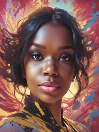 fantasy portrait,digital painting,world digital painting,maria bayo,fire artist,mystical portrait of a girl,fiery,girl portrait,portrait background,rosa ' amber cover,digital art,oil on canvas,katniss,fire angel,oil painting on canvas,cg artwork,african woman,flame spirit,painting technique,artist portrait,Digital Art,Impressionism