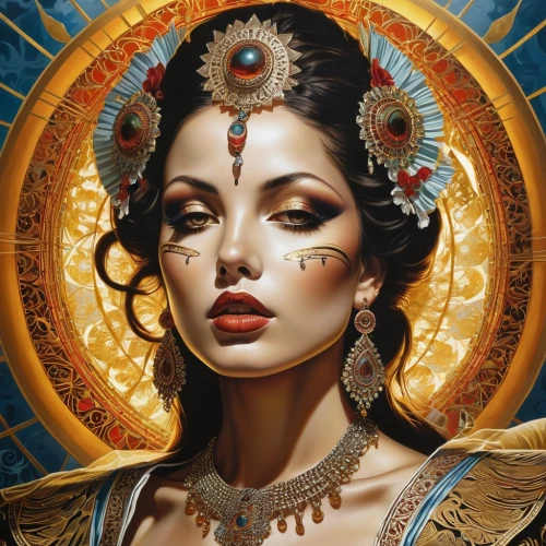 cleopatra,priestess,sacred art,fantasy art,orientalism,mary-gold,fantasy portrait,shamanic,ancient egyptian girl,headdress,hare krishna,boho art,gypsy soul,sorceress,oriental princess,seven sorrows,baroque angel,mystical portrait of a girl,gorgon,golden crown,Illustration,Realistic Fantasy,Realistic Fantasy 10