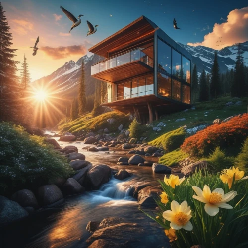house in mountains,house in the mountains,the cabin in the mountains,house with lake,home landscape,beautiful home,house by the water,landscape background,house in the forest,summer cottage,modern house,background view nature,world digital painting,idyllic,mountain scene,alpine sunset,nature landscape,small cabin,mountain hut,mountain sunrise,Photography,General,Realistic