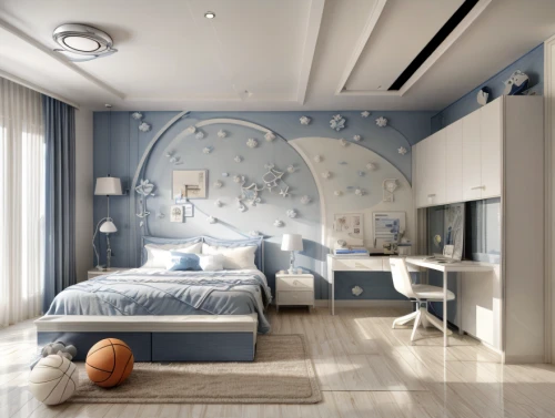 children's bedroom,boy's room picture,sleeping room,kids room,modern room,room newborn,baby room,wall sticker,sky apartment,great room,wall clock,blue room,bedroom,interior decoration,orrery,stucco ceiling,wall plaster,modern decor,ceiling-fan,contemporary decor