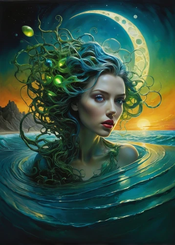 green mermaid scale,mystical portrait of a girl,fantasy art,the sea maid,siren,water nymph,medusa,rusalka,fantasy picture,the wind from the sea,blue enchantress,fantasy portrait,the enchantress,the zodiac sign pisces,merfolk,mother earth,mermaid background,moonflower,oil painting on canvas,waterglobe,Illustration,Abstract Fantasy,Abstract Fantasy 18