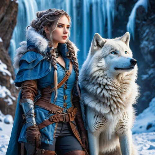 the snow queen,ice queen,fantasy picture,heroic fantasy,white rose snow queen,ice princess,suit of the snow maiden,winterblueher,fantasy woman,female warrior,fantasy art,eternal snow,blue enchantress,warrior woman,wolf couple,celtic queen,nordic,snow white,frozen,two wolves,Conceptual Art,Fantasy,Fantasy 09