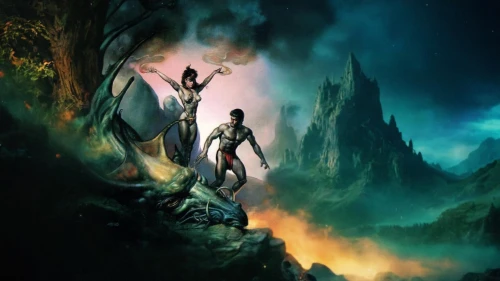 guards of the canyon,fantasy picture,pillars of creation,heroic fantasy,underworld,fantasy art,background image,chasm,background screen,primeval times,tour to the sirens,digital compositing,dead earth,3d fantasy,mythological,greek gods figures,heaven and hell,the fan's background,the spirit of the mountains,mythology