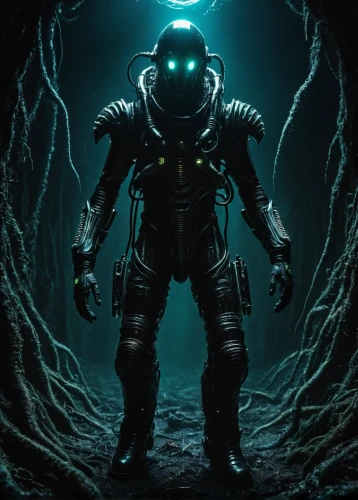 aquanaut,deep sea diving,bioluminescence,scuba,deep sea,predator,sea devil,divemaster,alien warrior,3d man,ilightmarine,alien,aquaman,undersea,sci fiction illustration,sci fi,sea man,electro,echo,abyss,Illustration,Realistic Fantasy,Realistic Fantasy 47