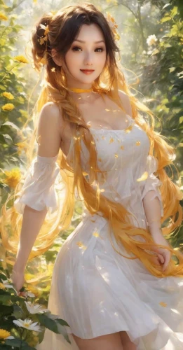 ao dai,yellow garden,yellow rose background,fantasy picture,rapunzel,celtic woman,faerie,vietnamese woman,fantasy woman,yellow jumpsuit,girl in a long dress,spring background,rosa ' amber cover,golden flowers,fantasy portrait,fairy tale character,golden autumn,golden color,sun bride,golden yellow