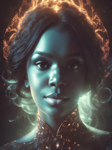 fantasy portrait,mystical portrait of a girl,tiana,nigeria woman,sci fiction illustration,maria bayo,the enchantress,sorceress,andromeda,digital compositing,african woman,mary-gold,african american woman,divine healing energy,aura,black woman,katniss,queen of the night,rosa ' amber cover,aurora