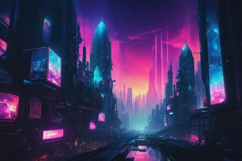 cyberpunk,futuristic landscape,cityscape,fantasy city,colorful city,vast,vapor,metropolis,futuristic,ultraviolet,dystopia,dystopian,scifi,fantasy landscape,dusk,purple wallpaper,3d fantasy,sci-fi,sci - fi,urban,Illustration,Realistic Fantasy,Realistic Fantasy 15