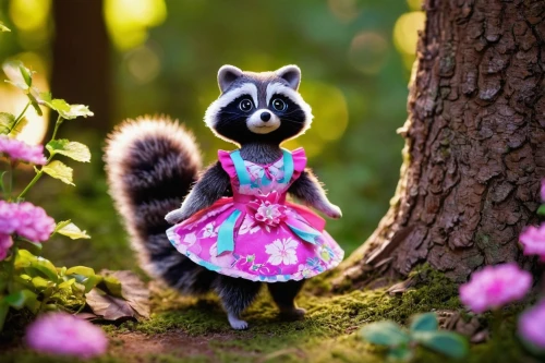 animals play dress-up,whimsical animals,woodland animals,striped skunk,north american raccoon,ballerina in the woods,forest animal,cute animal,flower animal,anthropomorphized animals,hummel,cute animals,raccoon,raccoon dog,squirell,quinceañera,eurasian squirrel,lemur,fairy tale character,skunk,Conceptual Art,Fantasy,Fantasy 13