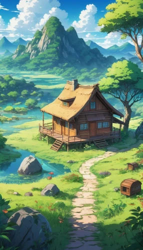 studio ghibli,home landscape,landscape background,meteora,mountain scene,rural landscape,house in mountains,tsukemono,mountain village,background with stones,house in the mountains,japan landscape,alpine village,wooden hut,farm background,little house,mountain settlement,log cabin,roof landscape,countryside,Illustration,Japanese style,Japanese Style 03