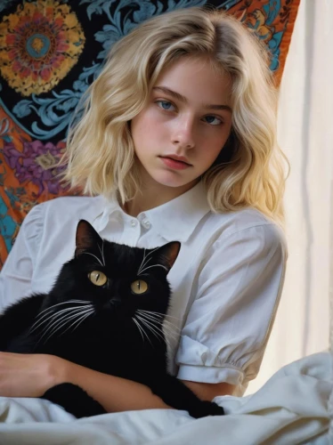 black cat,lily-rose melody depp,kat,vintage cat,cat in bed,two cats,wallis day,cat european,cat,feline,cat's eyes,girl in bed,liberty cotton,feline look,ritriver and the cat,eglantine,blonde girl with christmas gift,young cat,cat lovers,vintage girl