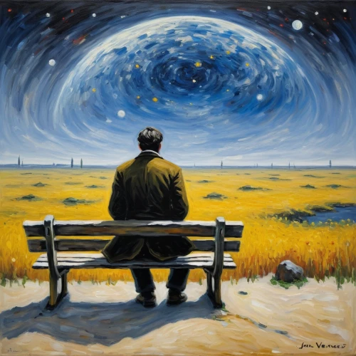 man on a bench,loneliness,astronomer,to be alone,thinking man,man thinking,solitude,vincent van gogh,lonliness,sit and wait,alone,art painting,bench,astronomers,starry night,man praying,herfstanemoon,contemplation,astronomical,vincent van gough,Art,Artistic Painting,Artistic Painting 04