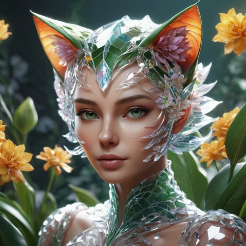 dryad,fantasy portrait,elven flower,flower cat,flora,fantasy art,faerie,natura,faery,fae,elven,tiger lily,world digital painting,anahata,blossom kitten,fantasy picture,3d fantasy,flower fairy,the enchantress,spring crown,Conceptual Art,Fantasy,Fantasy 11