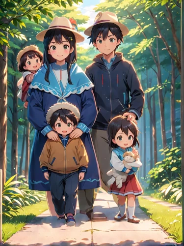 studio ghibli,birch family,sparrows family,pine family,nettle family,herring family,family outing,autumn walk,the dawn family,families,magnolia family,forest walk,lily family,cashew family,water-leaf family,walk with the children,mulberry family,balsam family,hikers,hokkaido,Anime,Anime,Realistic
