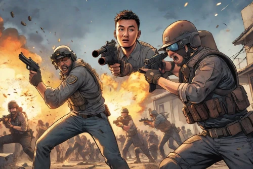 game illustration,cargo pants,cg artwork,shooter game,war zone,swat,riot,game art,pow,clash,explosions,action film,exploding head,war correspondent,free fire,gi,strategy video game,sci fiction illustration,medic,policia,Digital Art,Comic