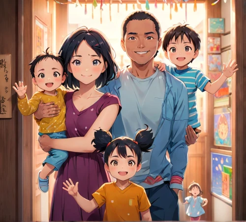 happy family,lily family,diverse family,families,parents with children,the dawn family,family taking photos together,herring family,parents and children,the little girl's room,family home,four o'clock family,boy's room picture,gesneriad family,family hand,shirakami-sanchi,studio ghibli,magnolia family,anime cartoon,kids illustration,Anime,Anime,Realistic