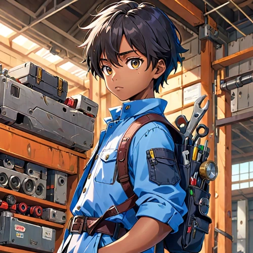 mechanic,warehouseman,car mechanic,blue-collar worker,engineer,refinery,auto mechanic,cg artwork,inventor,craftsman,bicycle mechanic,welder,manufacturing,anime boy,mechanical,pallet jack,auto repair shop,electrician,robotics,factory,Anime,Anime,Traditional