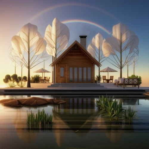 wooden church,3d rendering,house with lake,house by the water,floating huts,island church,summer cottage,boathouse,boat house,render,3d render,wooden house,inverted cottage,landscape background,summer house,home landscape,3d rendered,stilt houses,houseboat,cottage,Photography,General,Realistic