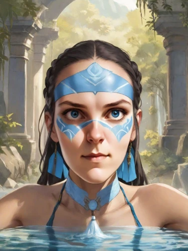 water nymph,avatar,merfolk,water lotus,blue enchantress,fountain head,natural cosmetic,fantasy portrait,jaya,water creature,portrait background,the blue eye,poseidon god face,water rose,female warrior,cg artwork,tiber riven,under the water,sphinx pinastri,pool of water,Digital Art,Classicism