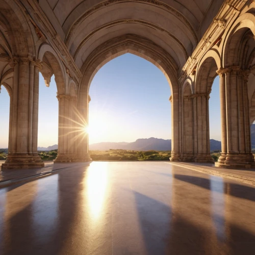 the pillar of light,pointed arch,three centered arch,arches,umayyad palace,3d rendering,celsus library,classical architecture,hall of the fallen,render,oman,lens flare,3d render,games of light,archway,vaulted ceiling,marble palace,round arch,golden sun,visual effect lighting