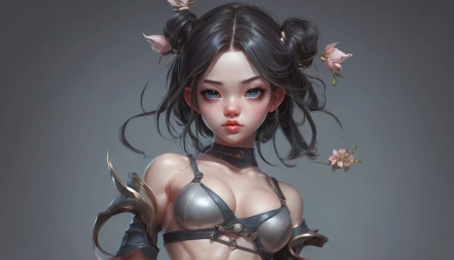 elven flower,oriental girl,fantasy portrait,flower fairy,oriental princess,jasmine blossom,flower girl,geisha,geisha girl,tiger lily,dryad,faerie,lotus blossom,lilies,flora,doll figure,dark elf,digital painting,chinese art,sculpt,Conceptual Art,Fantasy,Fantasy 01