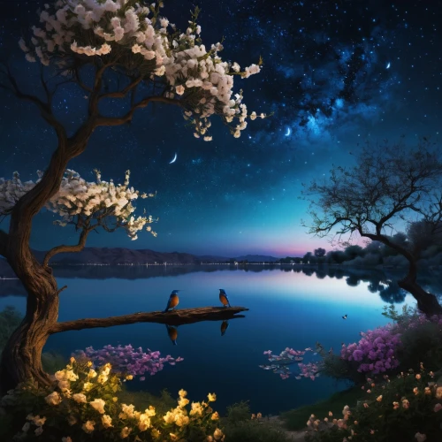 fantasy picture,fantasy landscape,fairy galaxy,full hd wallpaper,landscape background,fairy world,moon and star background,blossom tree,dream world,moonlit night,starry sky,cherry blossom tree,astronomy,dreamland,colorful stars,the night sky,night sky,the cherry blossoms,cherry tree,cherry trees,Conceptual Art,Fantasy,Fantasy 11