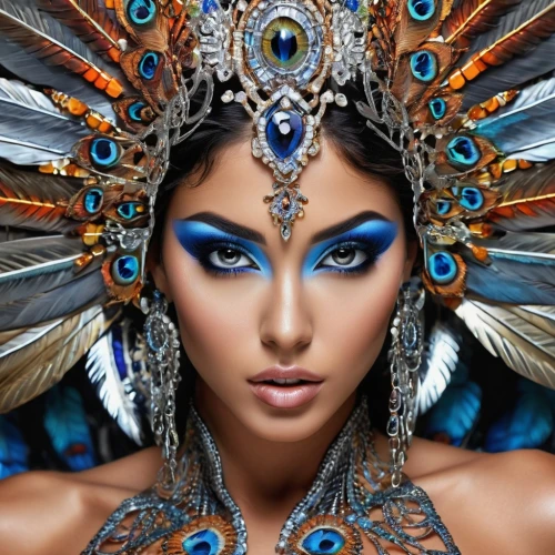 headdress,indian headdress,blue enchantress,feather headdress,fantasy art,cleopatra,shamanic,brazil carnival,warrior woman,fantasy woman,adornments,priestess,queen of the night,venetian mask,fairy peacock,headpiece,shamanism,peacock,masquerade,sorceress,Photography,Fashion Photography,Fashion Photography 26