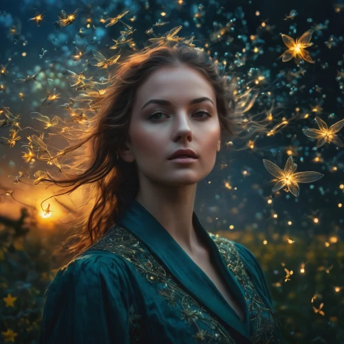 mystical portrait of a girl,fantasy portrait,faery,faerie,the enchantress,the night of kupala,fae,sorceress,fairy queen,fairy peacock,fireflies,fantasy picture,magical,firefly,romantic portrait,celtic woman,artemisia,cinderella,enchanting,enchanted