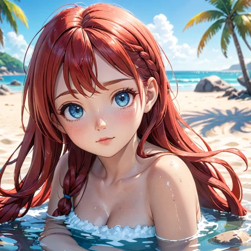 nami,red-haired,ocean,beach background,summer background,honolulu,ocean background,red summer,mikuru asahina,underwater background,aloha,summer crown,beach scenery,tropical sea,sea,mermaid background,red head,summer swimsuit,one-piece swimsuit,little mermaid,Anime,Anime,Traditional