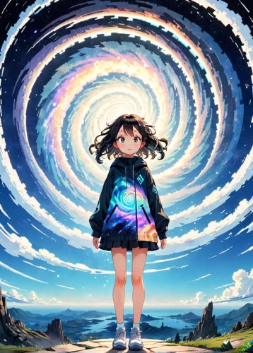 spiral background,cosmos wind,wormhole,rainbow background,dizzy,metaverse,heliosphere,astral traveler,sky,dimension,time spiral,kaleidoscopic,moonbow,anime 3d,prismatic,star sky,universe,starry sky,little girl in wind,kaleidoscope,Anime,Anime,Traditional