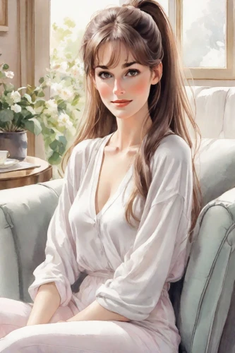 realdoll,jane austen,audrey hepburn,female doll,painter doll,with glasses,girl sitting,pajamas,librarian,fantasy portrait,young woman,girl at the computer,woman sitting,relaxed young girl,reading glasses,the girl in nightie,fantasy woman,romantic portrait,barbie,portrait of a girl,Digital Art,Watercolor