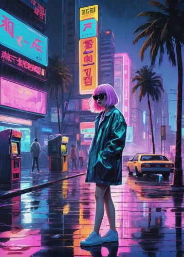 cyberpunk,80s,aesthetic,vapor,neon,80's design,neon lights,ultraviolet,neon light,neon ghosts,tokyo,pedestrian,tokyo city,2d,would a background,nightlife,nerve,1980's,eighties,neon candies,Conceptual Art,Oil color,Oil Color 24